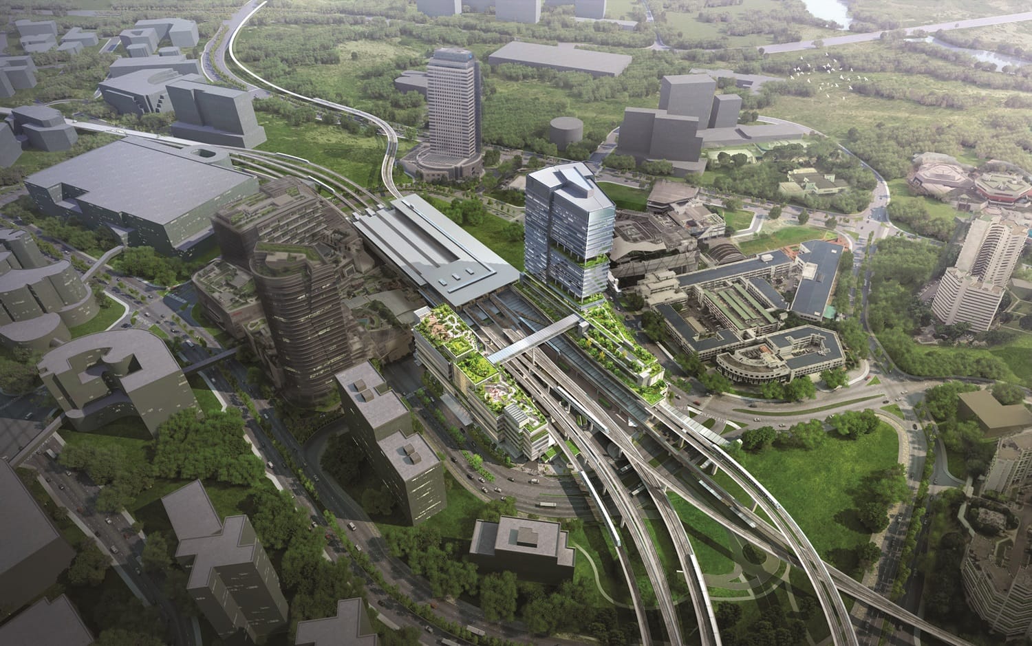 Aerial view of a city design with rail lines, greenery, and modern buildings.
